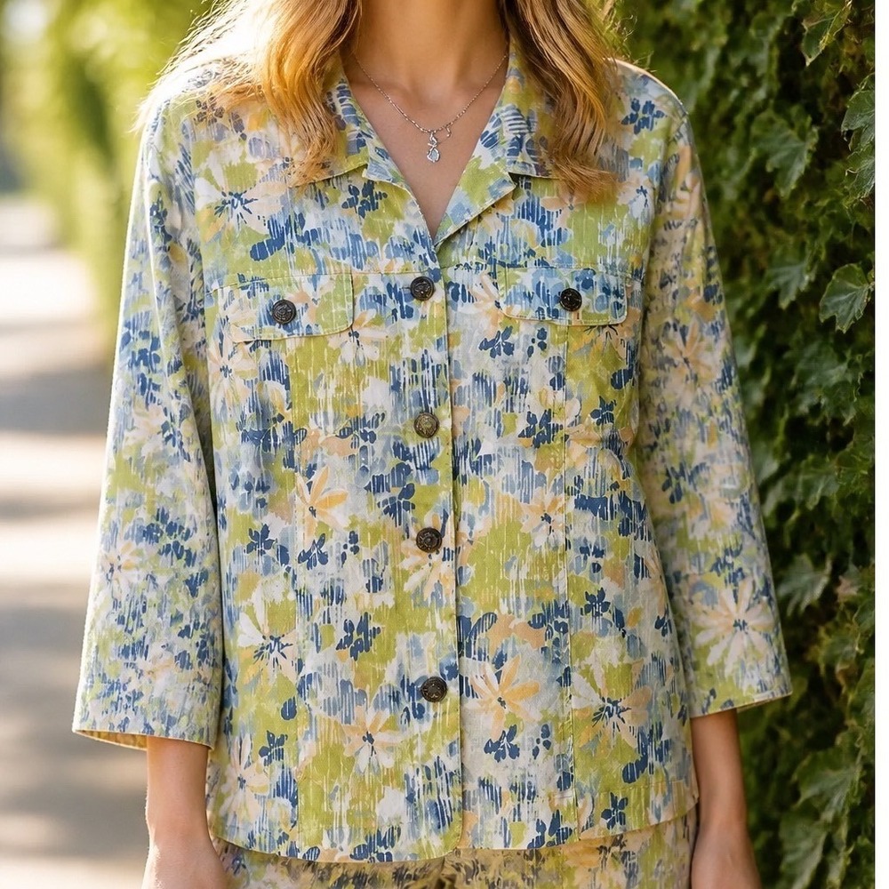 City Blues by Koret Womens Floral Jacket Green Blue Size L K8531124M Button Up‎